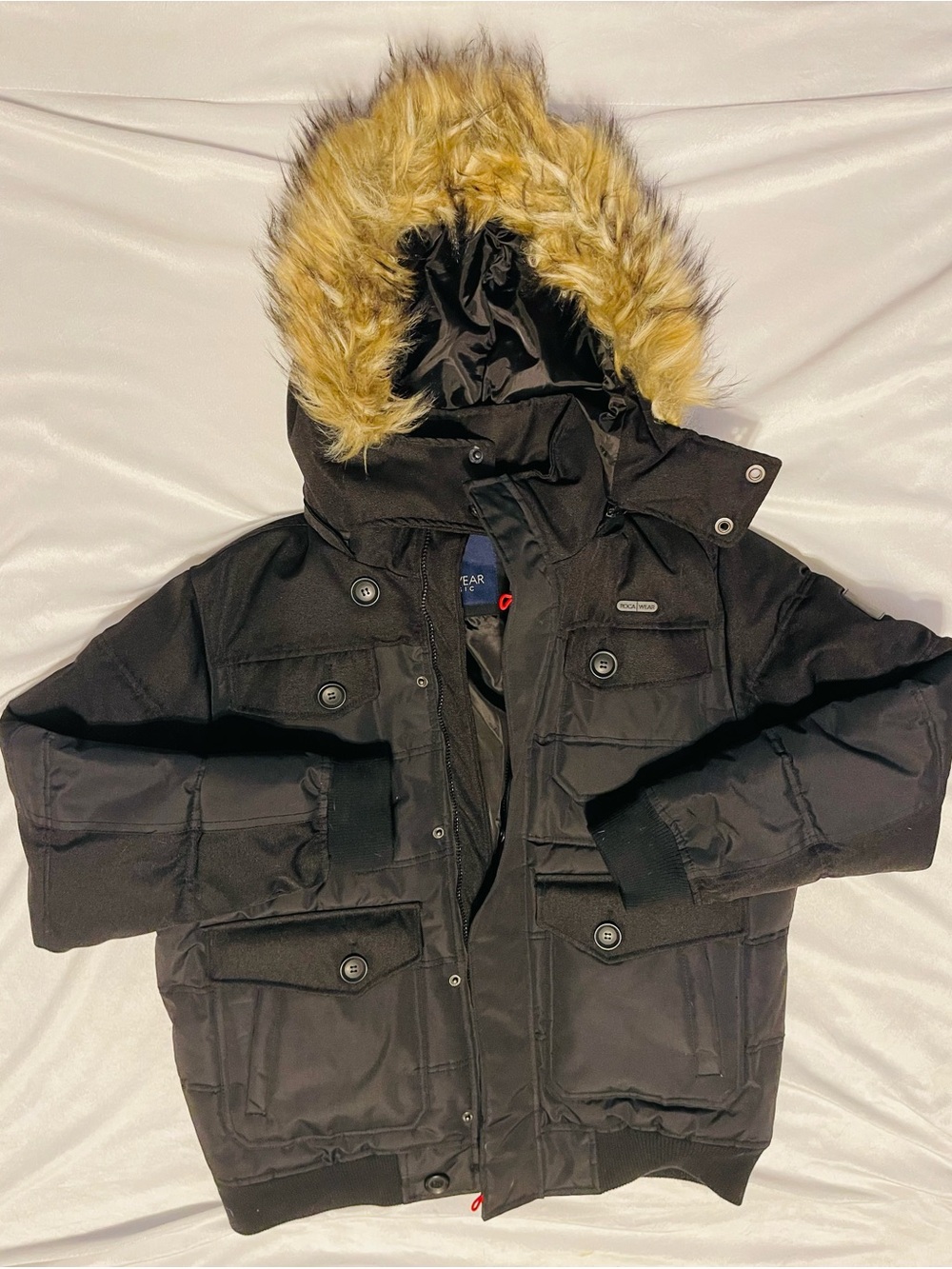 Rocawear Men’s  Black Hooded Winter Coat with Faux Fur Trim